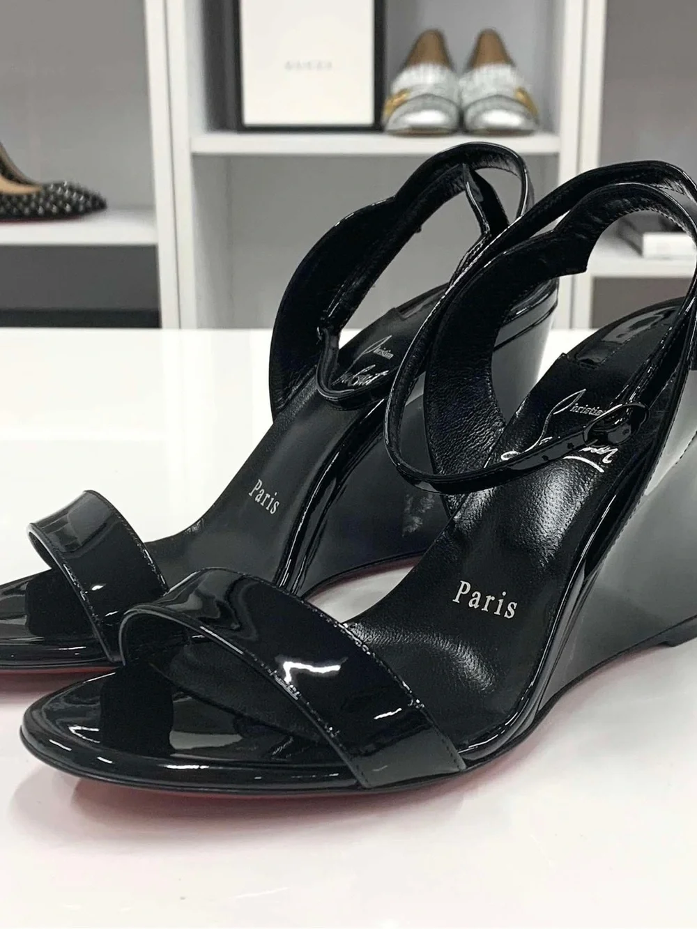 Christian Louboutin Black Patent Wedge Sandals with Red Soles